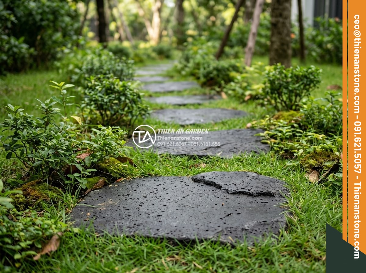 So sánh đá dặm bước bazan và đá slate: Nên chọn loại nào cho lối đi? - Close-up view of dark gray basalt stepping stones with rough natural texture arr