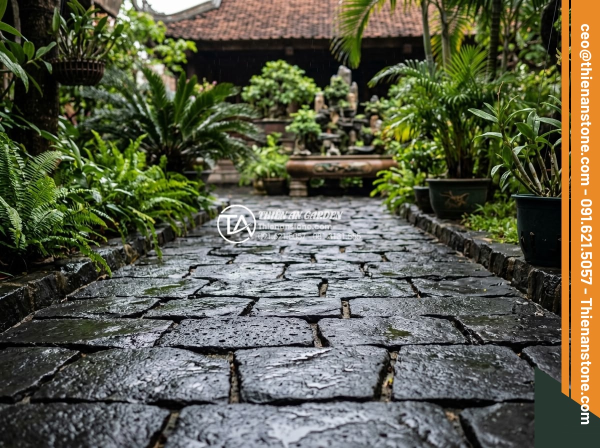 So sánh đá dặm bước bazan và đá slate: Nên chọn loại nào cho lối đi? - Family-friendly garden walkway using basalt stones with children walking safely,