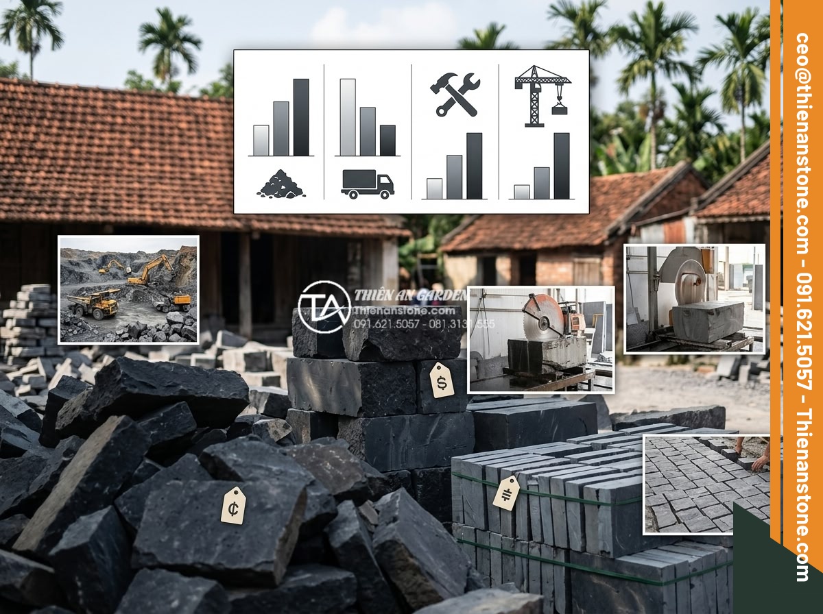 So sánh đá dặm bước bazan và đá slate: Nên chọn loại nào cho lối đi? - Cost comparison chart visualization overlaid on images of basalt and slate stone