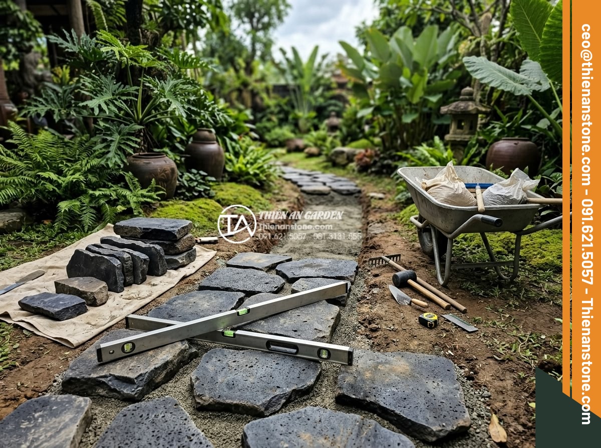 So sánh đá dặm bước bazan và đá slate: Nên chọn loại nào cho lối đi? - Professional installation process of stepping stones showing workers laying basa