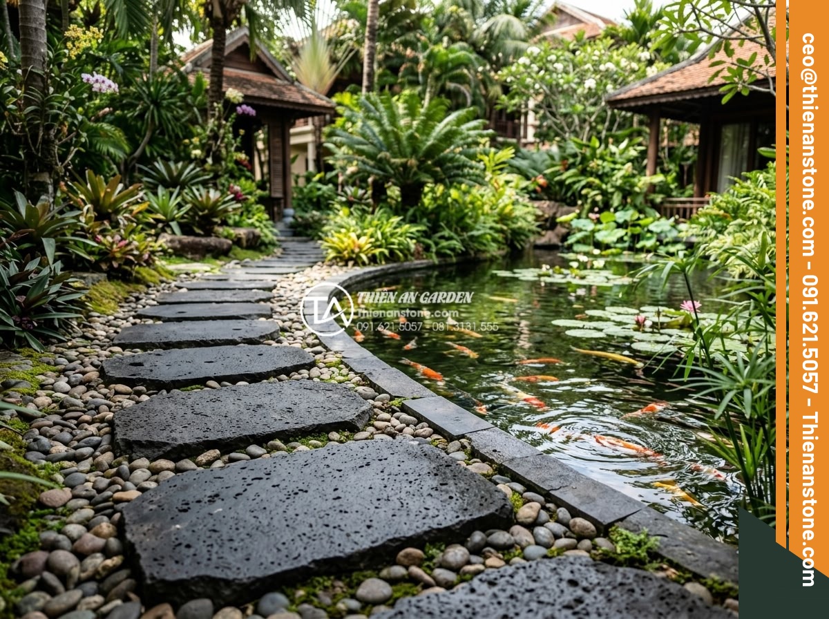 So sánh đá dặm bước bazan và đá slate: Nên chọn loại nào cho lối đi? - Real project photo of luxury resort garden path constructed with basalt stepping
