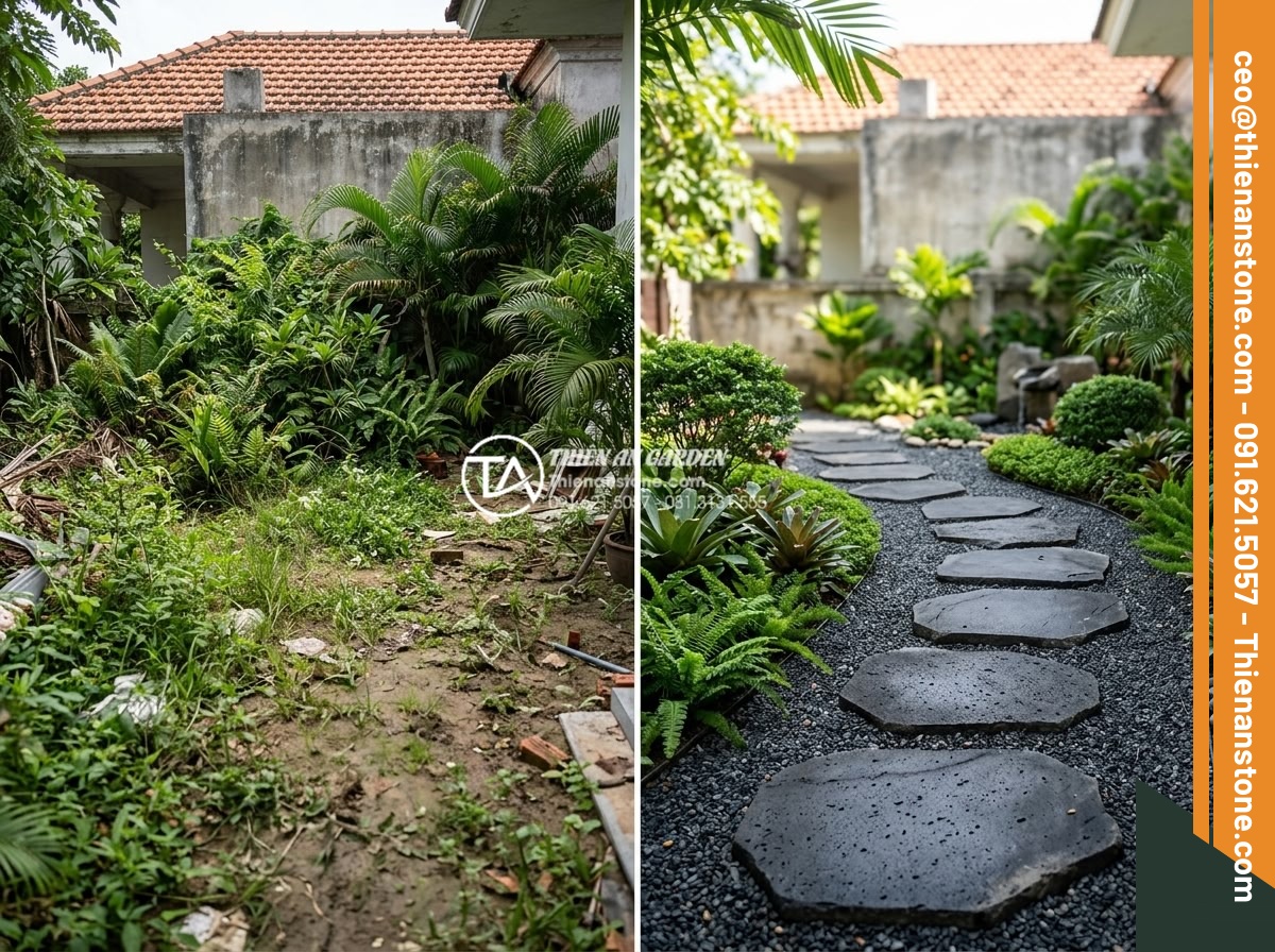So sánh đá dặm bước bazan và đá slate: Nên chọn loại nào cho lối đi? - Before and after transformation of backyard using basalt stepping stones in a re