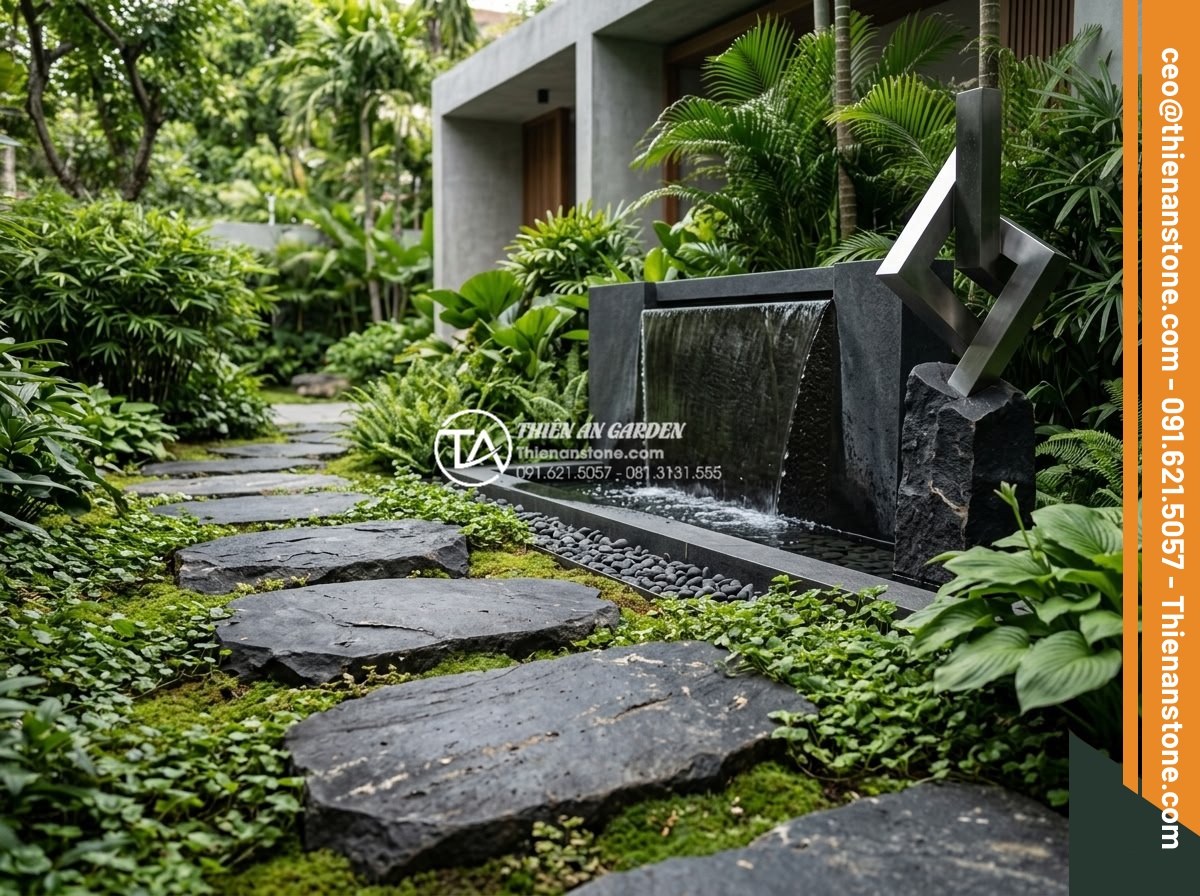 So sánh đá dặm bước bazan và đá slate: Nên chọn loại nào cho lối đi? - Luxury landscape design featuring slate stepping stones in a contemporary garden
