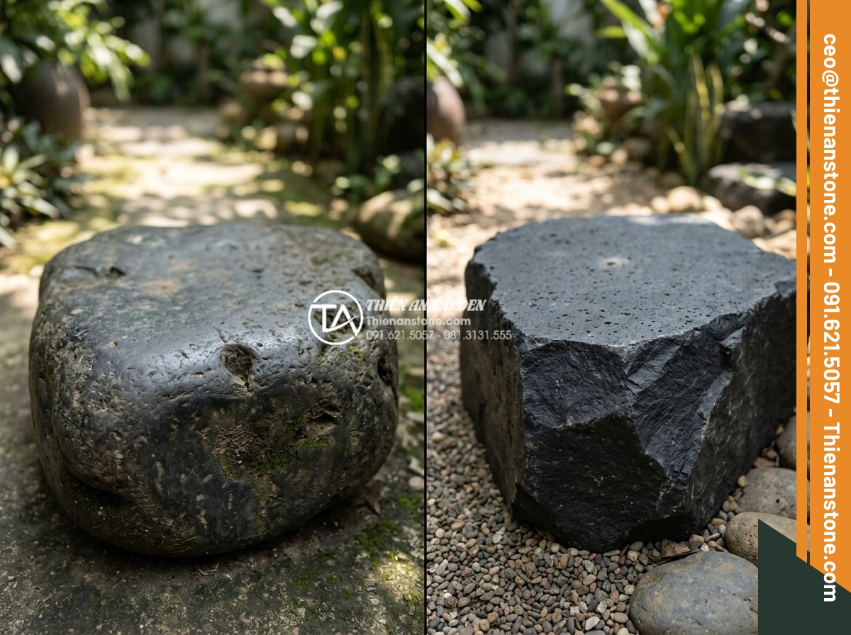 So sánh đá dặm bước bazan và đá slate: Nên chọn loại nào cho lối đi? - Side-by-side comparison image showing worn basalt stepping stone versus slate st
