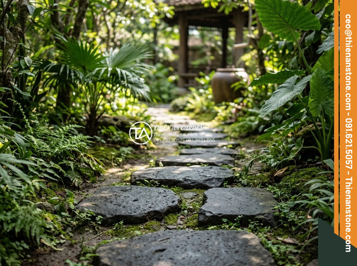 So sánh đá dặm bước bazan và đá slate: Nên chọn loại nào cho lối đi? - Artistic garden path featuring both basalt and slate stepping stones side by sid