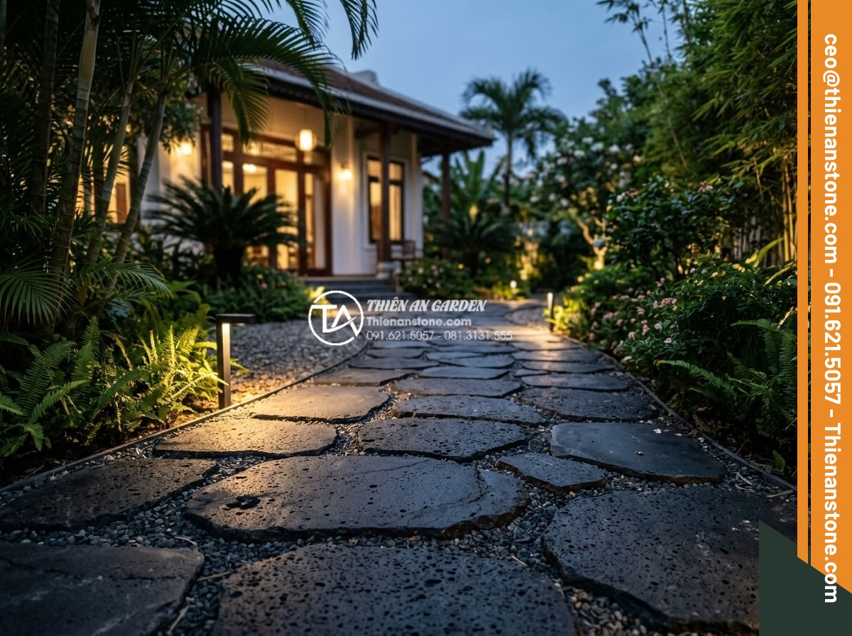 So sánh đá dặm bước bazan và đá slate: Nên chọn loại nào cho lối đi? - Elegant villa entrance pathway combining basalt stepping stones with slate accen
