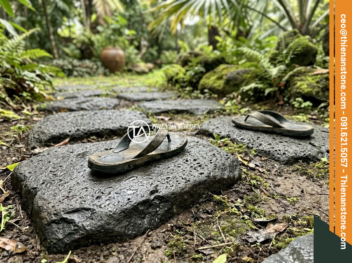 So sánh đá dặm bước bazan và đá slate: Nên chọn loại nào cho lối đi? - Safety demonstration of wet basalt stepping stones versus slate stones showing a