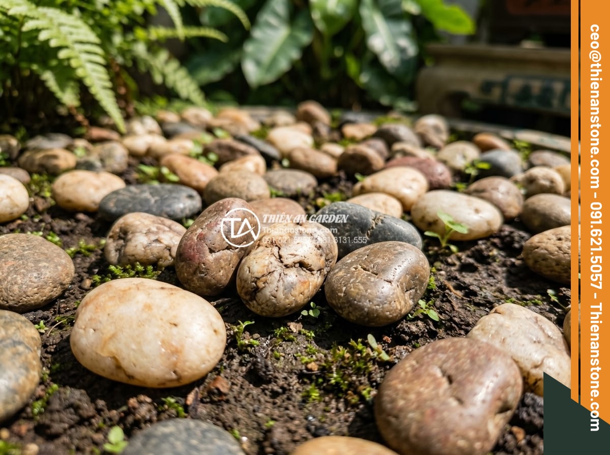 Sỏi Suối Tự Nhiên: Tại Sao Lại Được Ưa Chuộng Hơn Sỏi Quay? - Close-up view of natural river stream pebbles scattered on garden soil with irre