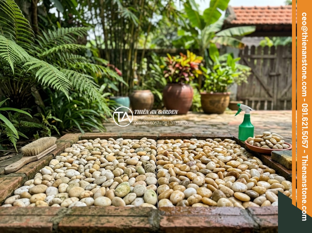 Sỏi Suối Tự Nhiên: Tại Sao Lại Được Ưa Chuộng Hơn Sỏi Quay? - Maintenance tips demonstration for cleaning and preserving natural pebbles in an