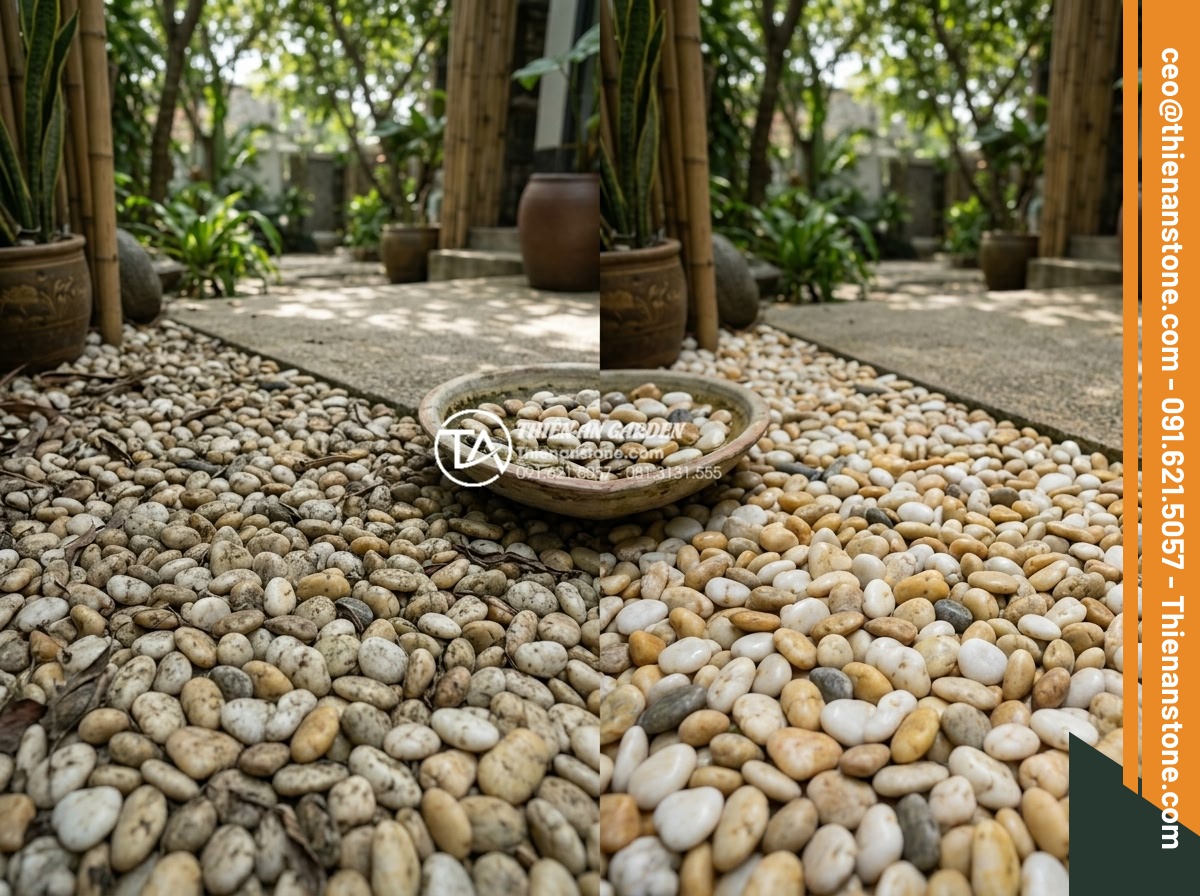 Sỏi Suối Tự Nhiên: Tại Sao Lại Được Ưa Chuộng Hơn Sỏi Quay? - Before and after maintenance of natural pebbles showing cleaning techniques and 