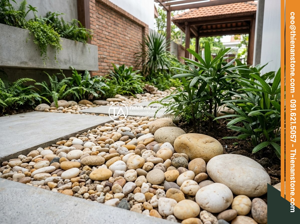 Sỏi Suối Tự Nhiên: Tại Sao Lại Được Ưa Chuộng Hơn Sỏi Quay? - Variety of natural stream pebbles in different sizes and colors arranged in a mo