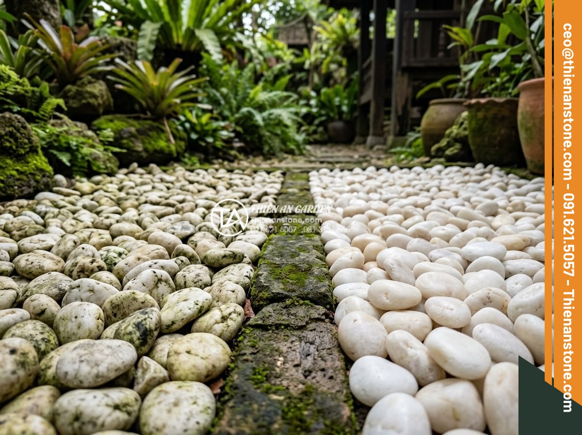 Sỏi Suối Tự Nhiên: Tại Sao Lại Được Ưa Chuộng Hơn Sỏi Quay? - Comparison photo of faded tumbled pebbles versus vibrant natural stream pebbles 