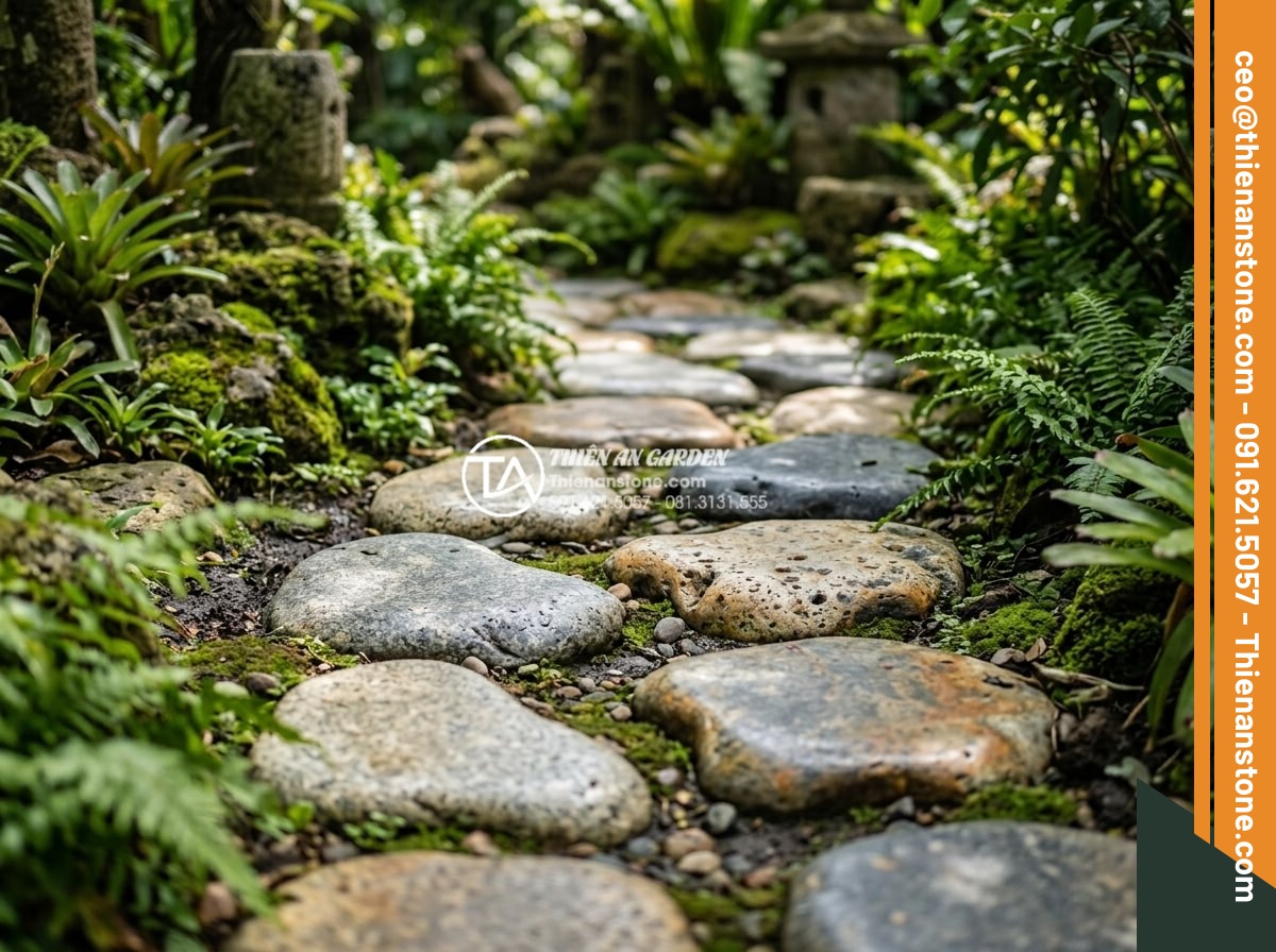 Sự khác biệt giữa đá bước dạo cắt quy cách và đá tự nhiên tự do - Vibrant color palette display of different natural stone stepping stones showing