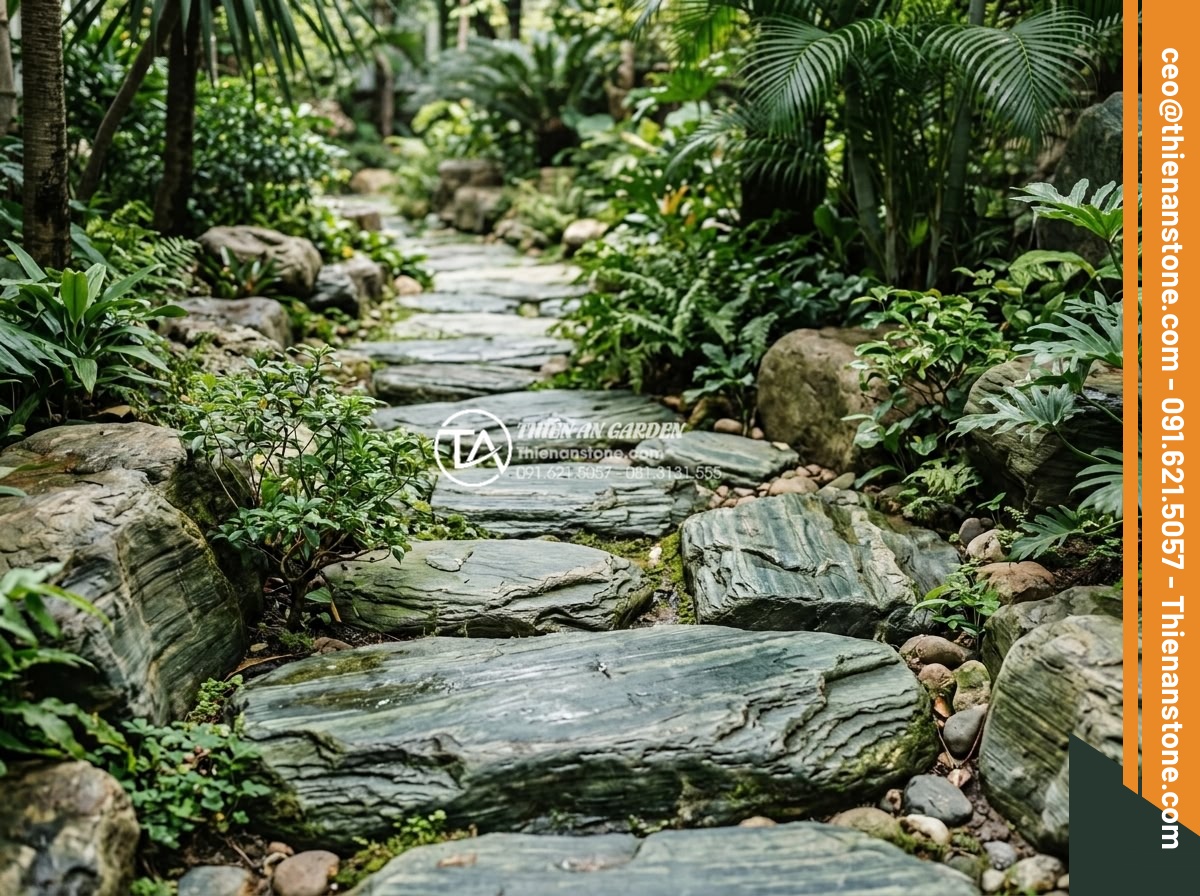 Sự khác biệt giữa đá bước dạo cắt quy cách và đá tự nhiên tự do - Organic garden path made from uniquely shaped natural stones blending seamlessly