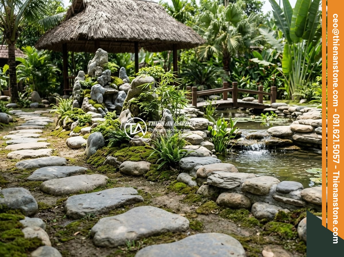 Sự khác biệt giữa đá bước dạo cắt quy cách và đá tự nhiên tự do - Rustic landscape design featuring free-form natural stepping stones next to a tr