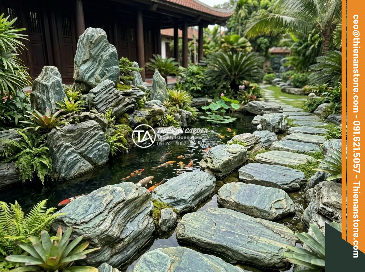 Sự khác biệt giữa đá bước dạo cắt quy cách và đá tự nhiên tự do - Luxury villa garden with mixed stepping stone paths around a large koi pond and 