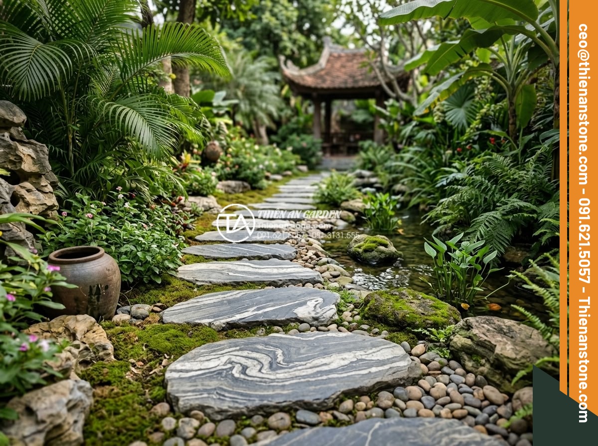 Sự khác biệt giữa đá bước dạo cắt quy cách và đá tự nhiên tự do - Feng shui inspired garden path with carefully placed stepping stones aligned wit