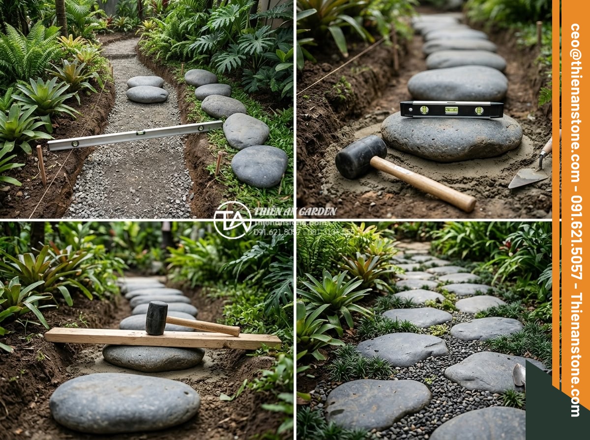 Sự khác biệt giữa đá bước dạo cắt quy cách và đá tự nhiên tự do - Step-by-step construction process of installing stepping stones in a garden with