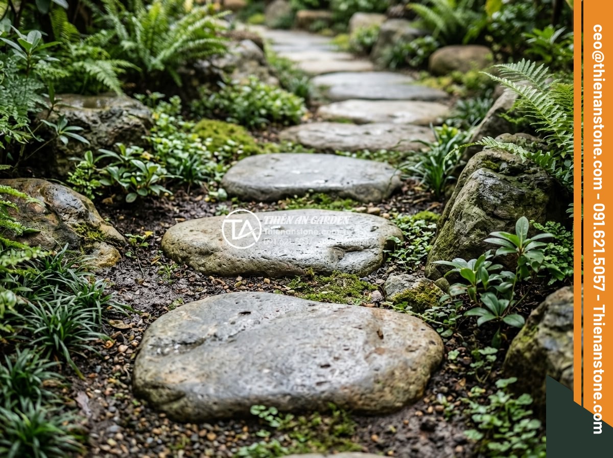 Sự khác biệt giữa đá bước dạo cắt quy cách và đá tự nhiên tự do - Close-up detailed photo of various stepping stones arranged in a curved garden p
