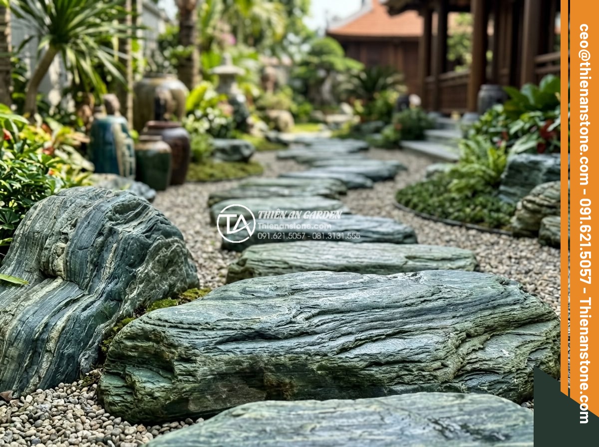 Sự khác biệt giữa đá bước dạo cắt quy cách và đá tự nhiên tự do - Professional team installing high-quality stepping stones in a completed luxury 