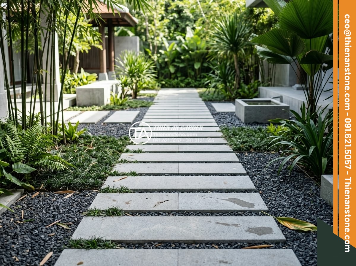 Sự khác biệt giữa đá bước dạo cắt quy cách và đá tự nhiên tự do - Installation view of precisely cut stepping stones forming a straight pathway in