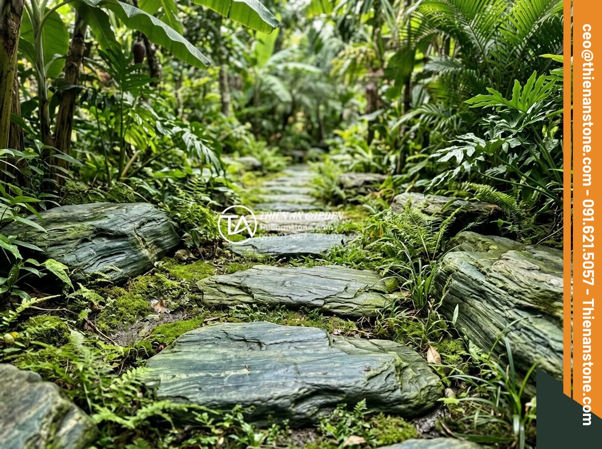 Sự khác biệt giữa đá bước dạo cắt quy cách và đá tự nhiên tự do - Natural irregular free-form stepping stones placed organically in a lush tropica