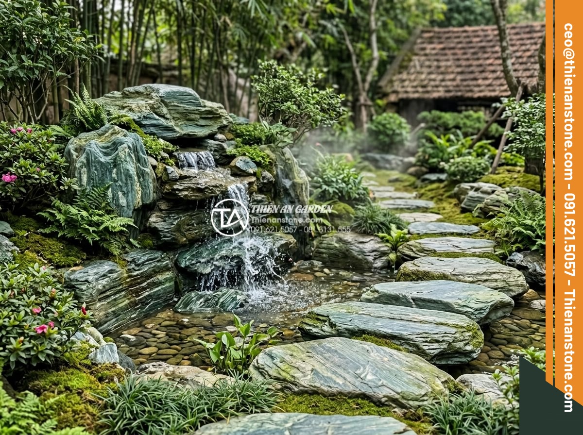 Sự khác biệt giữa đá bước dạo cắt quy cách và đá tự nhiên tự do - Artistic arrangement of uniquely shaped natural stepping stones beside a small w