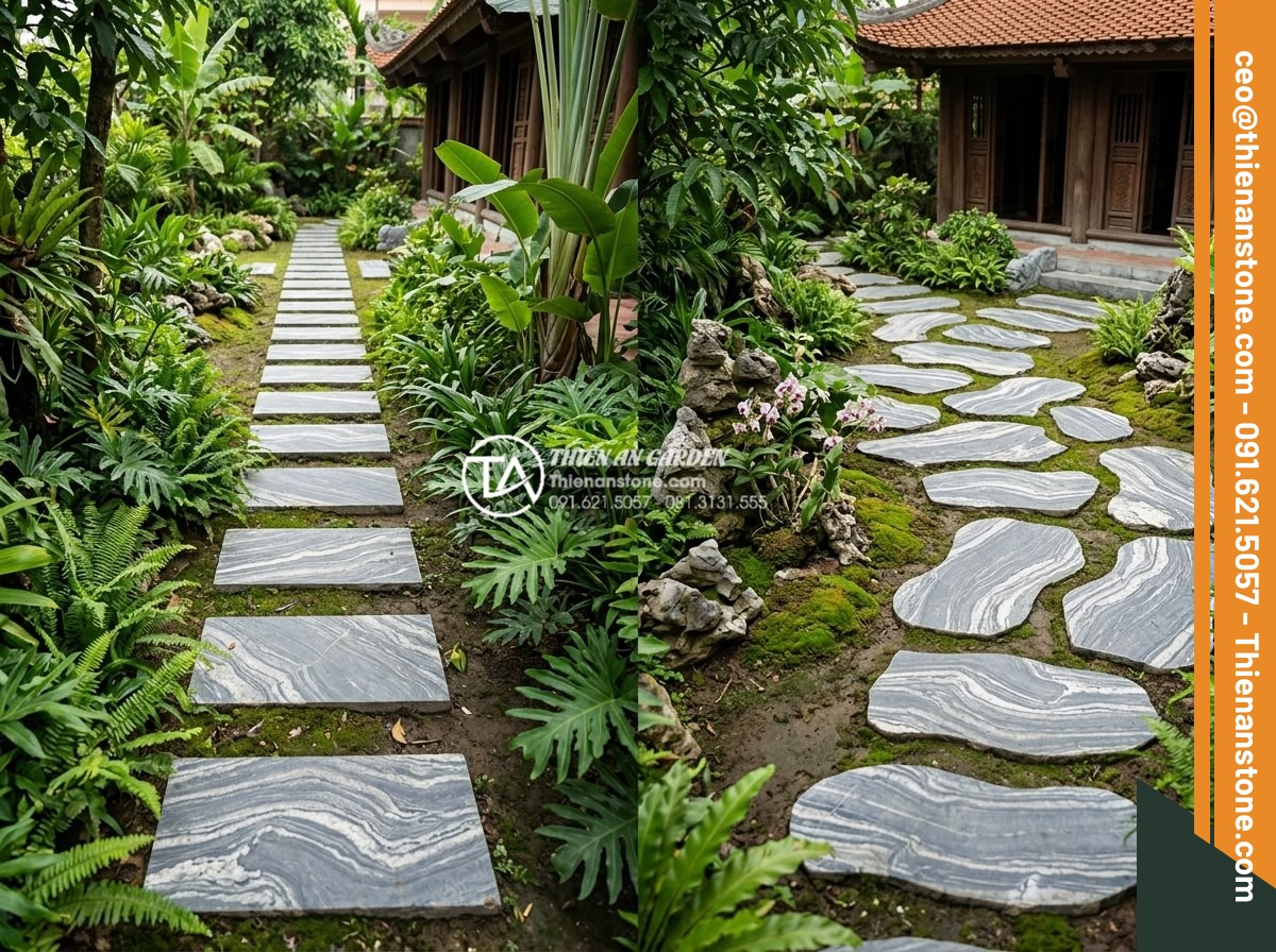 Sự khác biệt giữa đá bước dạo cắt quy cách và đá tự nhiên tự do - Aerial view of garden pathways using both types of stepping stones to demonstrat