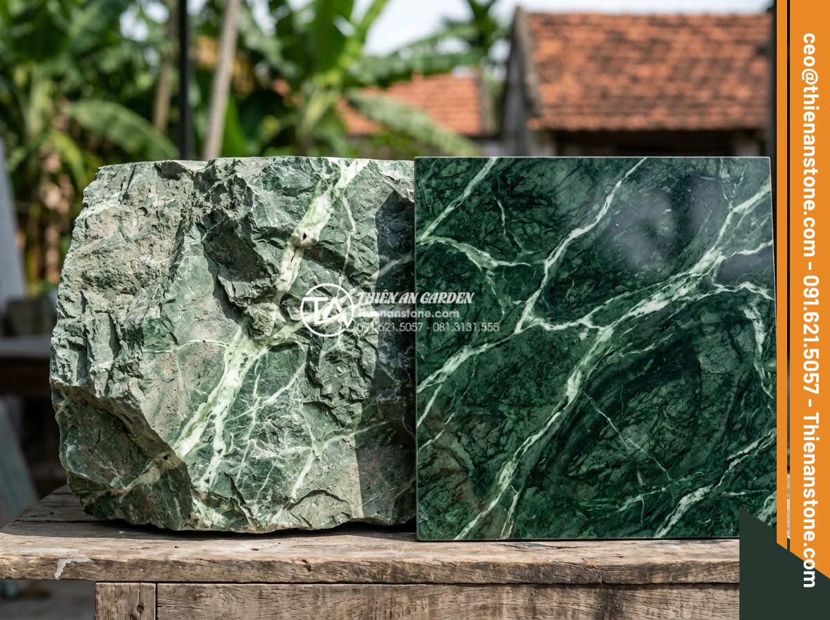 Sự khác biệt giữa đá bước dạo cắt quy cách và đá tự nhiên tự do - Detailed texture comparison of polished cut-to-size stone surface versus rough n