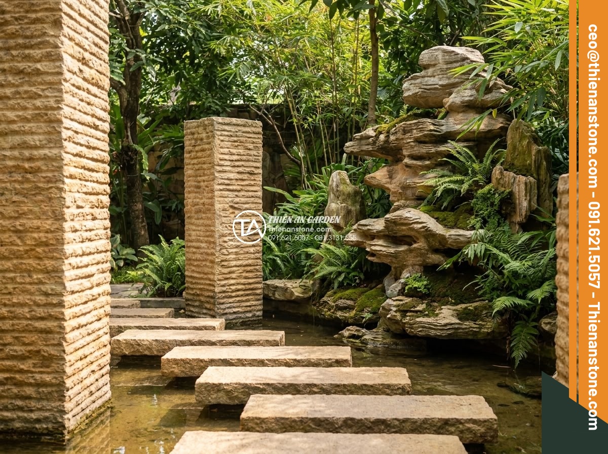 Sự khác biệt giữa đá cổ thạch và đá tuyết sơn trong làm cảnh quan - Hình 11 Sự khác biệt giữa đá cổ thạch và đá tuyết sơn trong làm cảnh quan - Elegant white veined stone applied in modern pillars, steps and contemporary roc