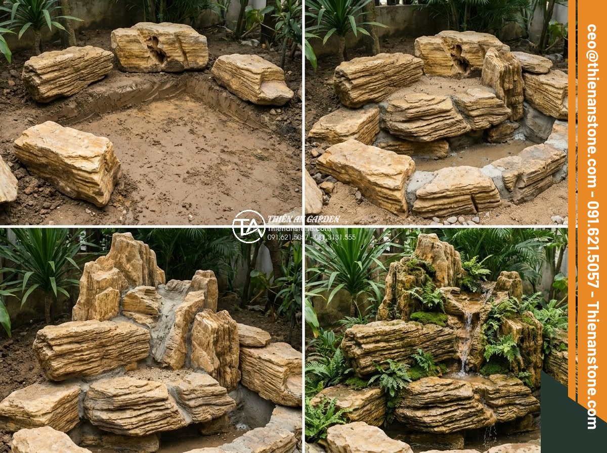 Sự khác biệt giữa đá cổ thạch và đá tuyết sơn trong làm cảnh quan - Hình 15 Sự khác biệt giữa đá cổ thạch và đá tuyết sơn trong làm cảnh quan - Step by step construction process of ancient stone waterfall in garden project s
