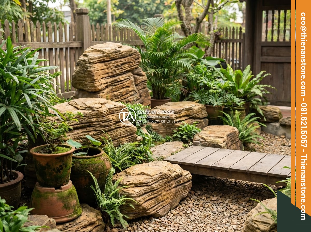 Sự khác biệt giữa đá cổ thạch và đá tuyết sơn trong làm cảnh quan - Hình 17 Sự khác biệt giữa đá cổ thạch và đá tuyết sơn trong làm cảnh quan - Mixed use of both ancient yellow stone and white veined stone in harmonious gard