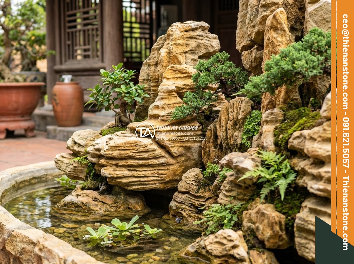 Sự khác biệt giữa đá cổ thạch và đá tuyết sơn trong làm cảnh quan - Hình 18 Sự khác biệt giữa đá cổ thạch và đá tuyết sơn trong làm cảnh quan - Creative integration example of two stone types in luxury non-bo and rockery fea