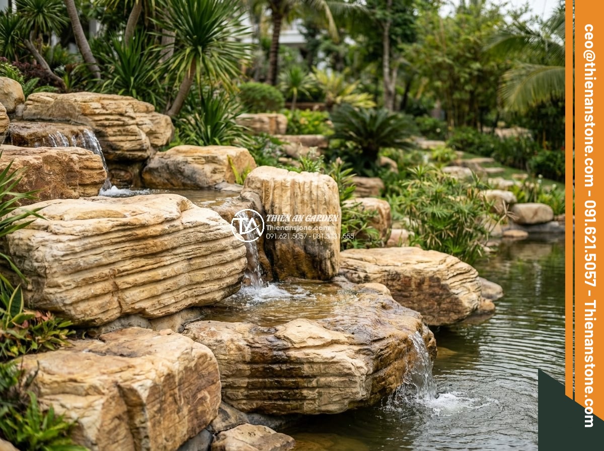 Sự khác biệt giữa đá cổ thạch và đá tuyết sơn trong làm cảnh quan - Hình 2 Sự khác biệt giữa đá cổ thạch và đá tuyết sơn trong làm cảnh quan - Wide angle shot of large ancient stone boulders with golden yellow tones and par