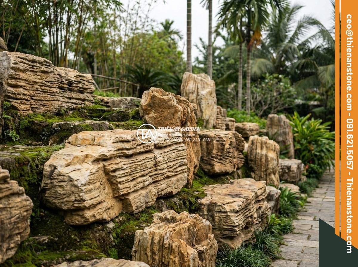 Sự khác biệt giữa đá cổ thạch và đá tuyết sơn trong làm cảnh quan - Hình 8 Sự khác biệt giữa đá cổ thạch và đá tuyết sơn trong làm cảnh quan - Long-term outdoor installation of both stone types demonstrating weather resista