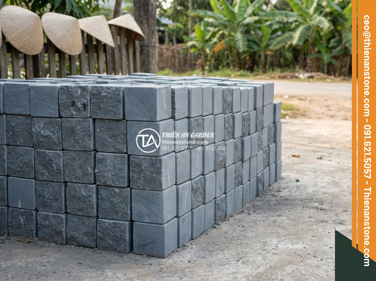 Sự khác biệt giữa đá cubic chẻ tay và đá cubic cắt máy hoàn toàn - Stack of perfectly uniform machine-cut cubic stones with smooth edges and consis