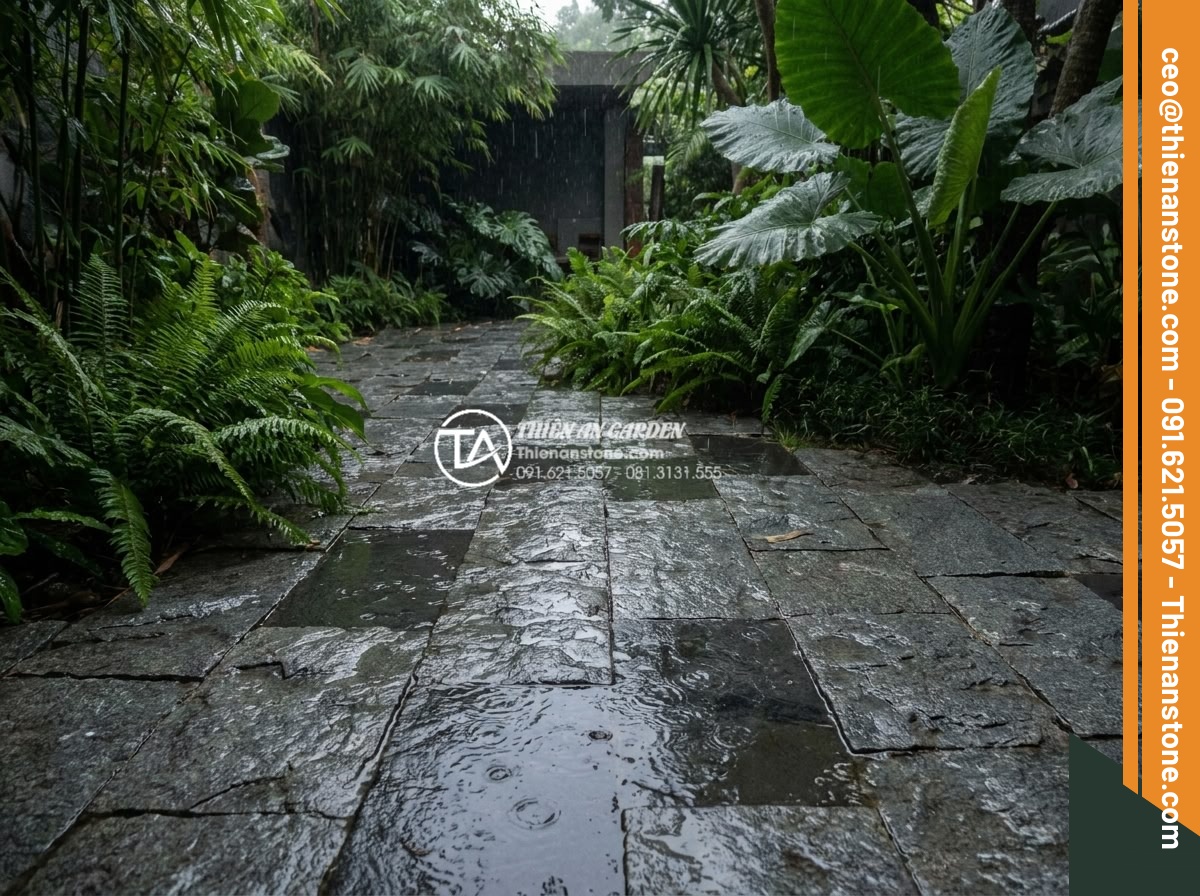 Sự khác biệt giữa đá cubic chẻ tay và đá cubic cắt máy hoàn toàn - Potential slip hazard illustration on wet machine-cut cubic stone surfaces in a 