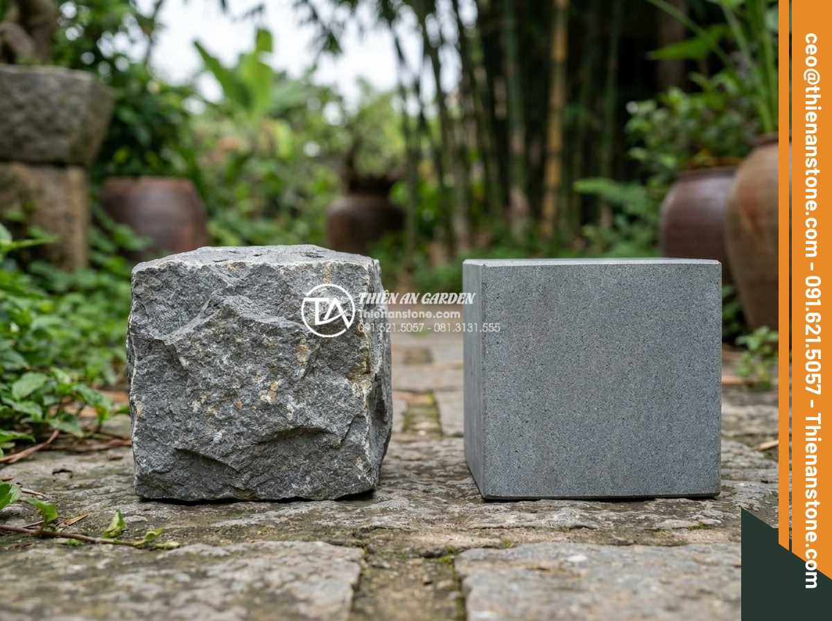 Sự khác biệt giữa đá cubic chẻ tay và đá cubic cắt máy hoàn toàn - Side-by-side comparison image of hand-split cubic stone next to machine-cut cubi