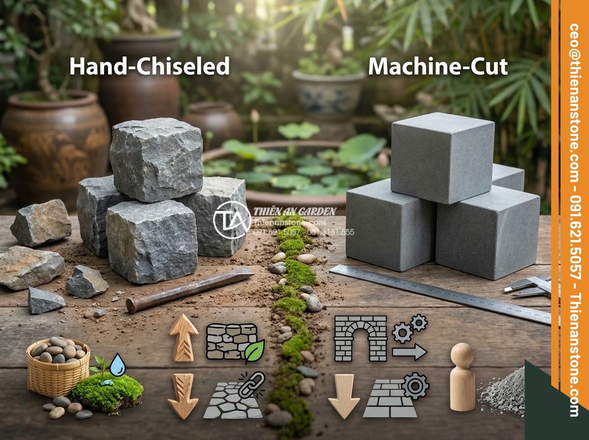 Sự khác biệt giữa đá cubic chẻ tay và đá cubic cắt máy hoàn toàn - Infographic style visual comparing pros and cons of both hand-chiseled and machi