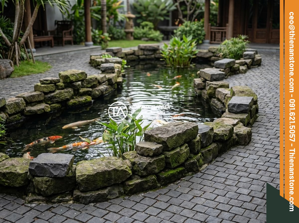 Sự khác biệt giữa đá cubic chẻ tay và đá cubic cắt máy hoàn toàn - Luxury koi pond with hand-split cubic stones forming natural borders and machine