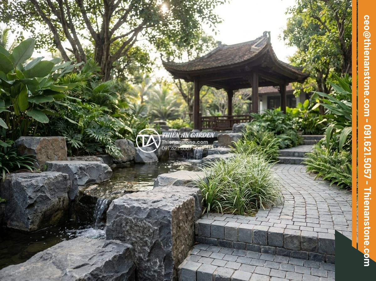 Sự khác biệt giữa đá cubic chẻ tay và đá cubic cắt máy hoàn toàn - Elegant resort rockery and garden featuring mixed use of hand-chiseled and machi