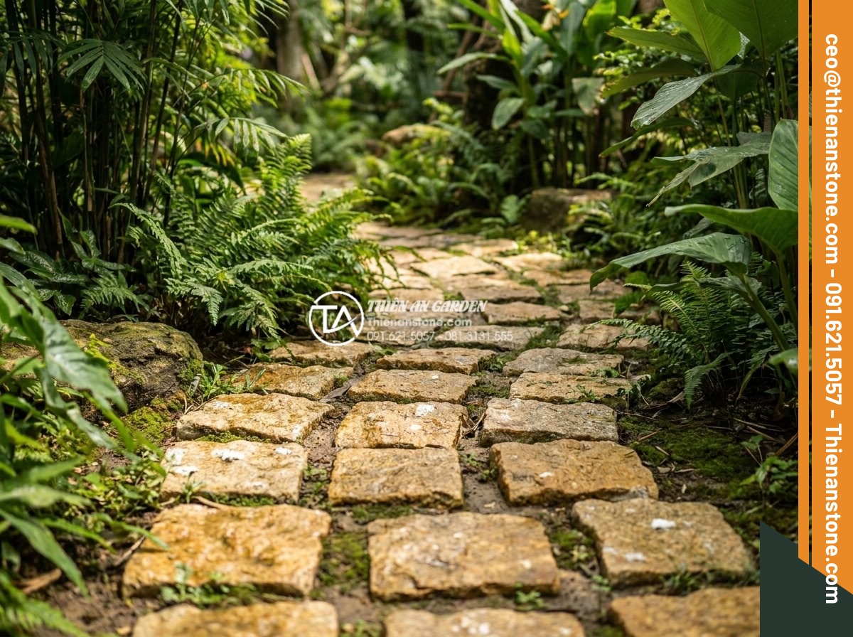 Sự khác biệt giữa đá cubic chẻ tay và đá cubic cắt máy hoàn toàn - Realistic image of hand-chiseled cubic stones installed as rustic garden pathway