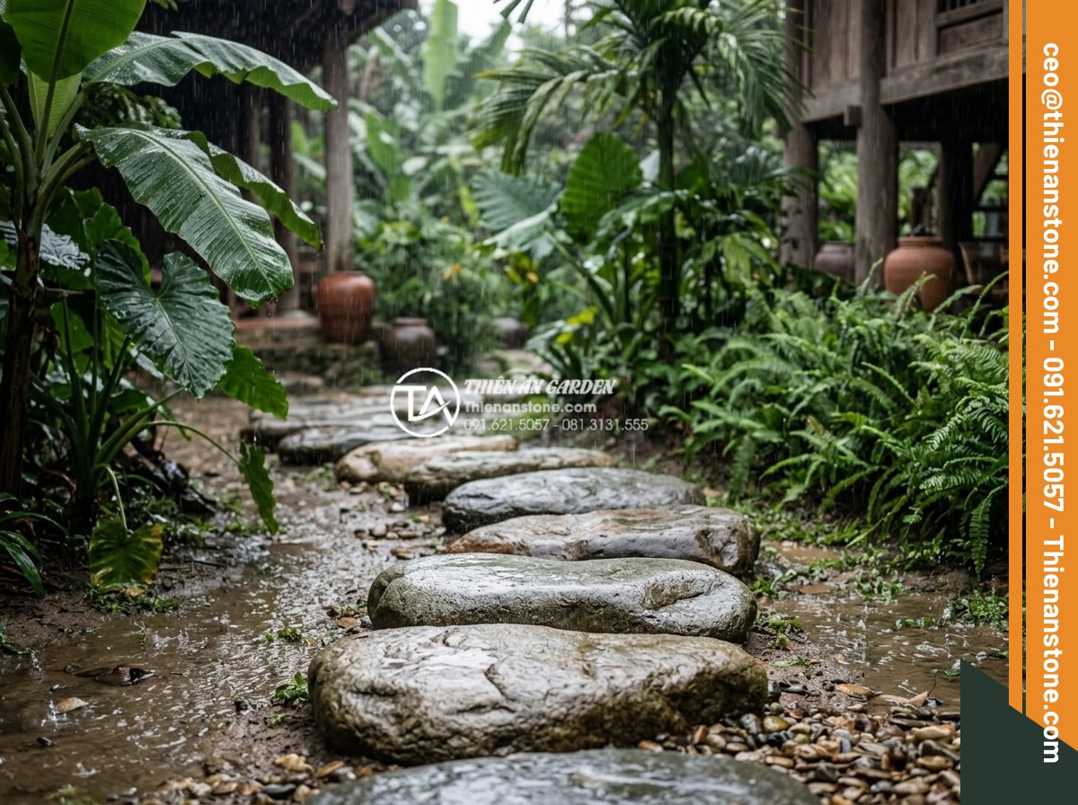 Tại sao đá dặm bước tự nhiên lại đắt hơn đá nhân tạo đúc sẵn? - Natural stepping stones enduring heavy rain in a tropical outdoor setting