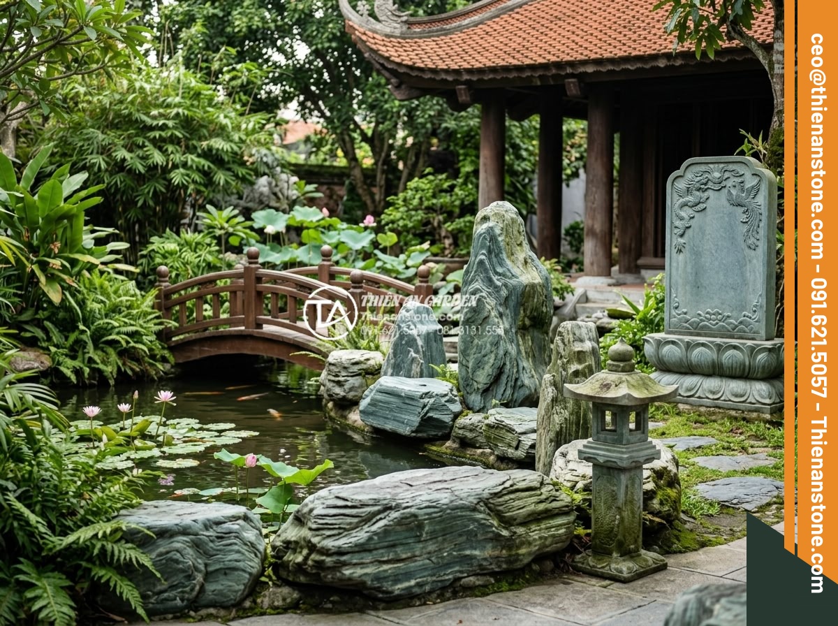 Tại sao đá dặm bước tự nhiên lại đắt hơn đá nhân tạo đúc sẵn? - Cultural stone art integration in Vietnamese garden design with traditional elem