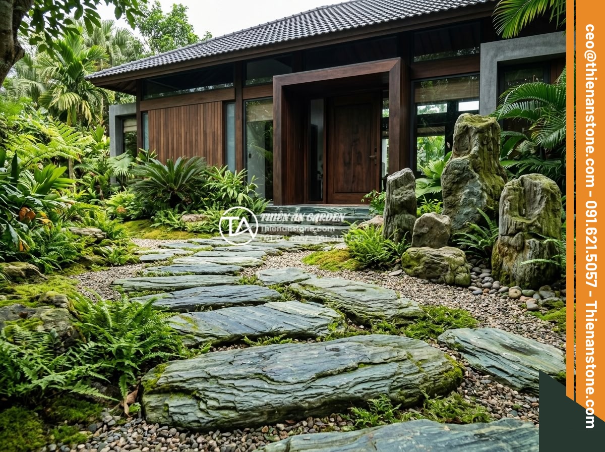 Tại sao đá dặm bước tự nhiên lại đắt hơn đá nhân tạo đúc sẵn? - Stepping stone pathway leading to a modern villa entrance with stone sculptures