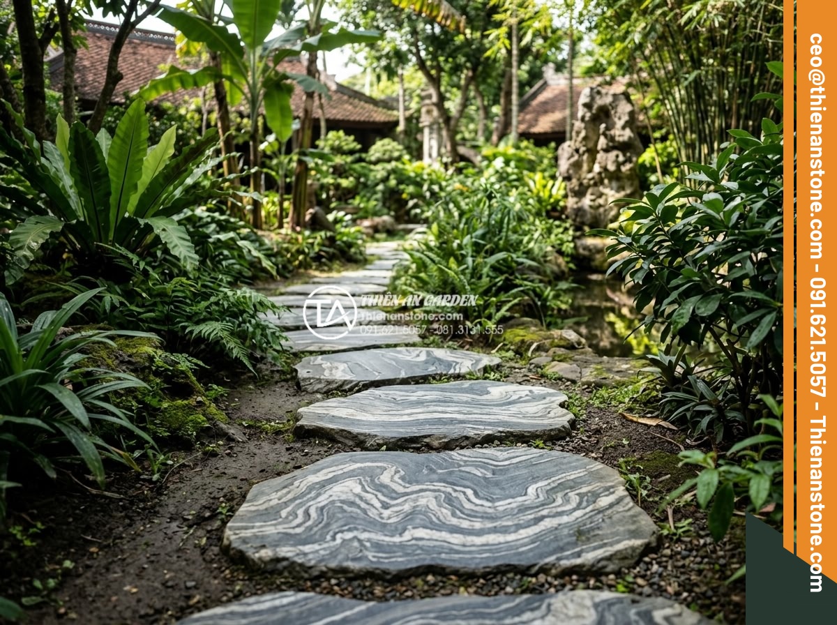 Tại sao đá dặm bước tự nhiên lại đắt hơn đá nhân tạo đúc sẵn? - Natural stepping stones with unique geological patterns and textures in an outdo