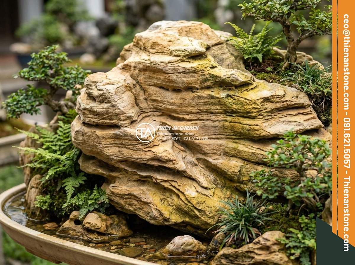 Tại sao giá đá cổ thạch làm hòn non bộ lại có sự chênh lệch lớn? - Close-up view of premium ancient stone (da co thach) with natural yellow-green p