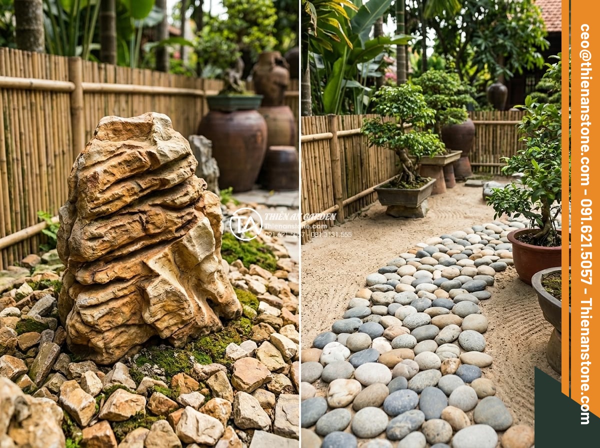 Tại sao giá đá cổ thạch làm hòn non bộ lại có sự chênh lệch lớn? - Side by side comparison of ancient stone versus river pebble stones in landscape