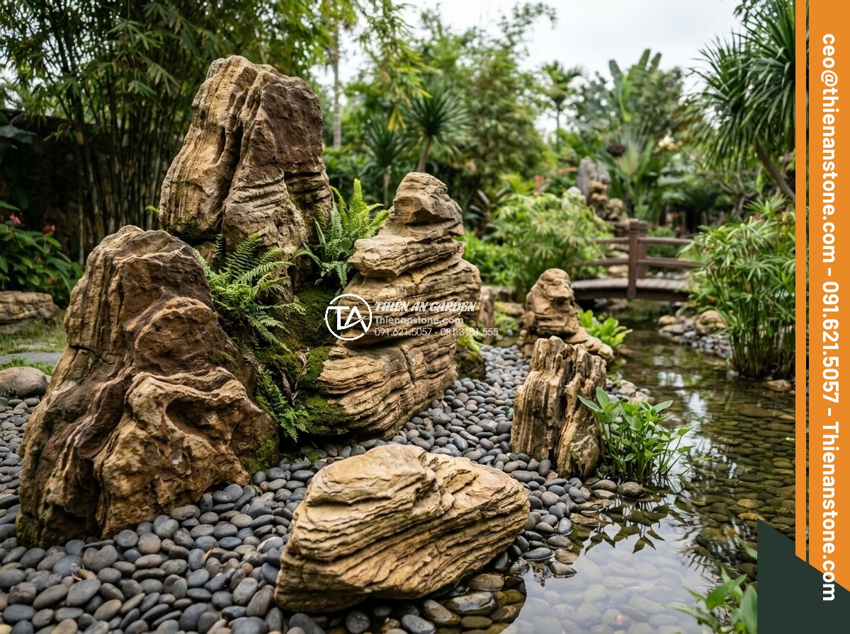 Tại sao giá đá cổ thạch làm hòn non bộ lại có sự chênh lệch lớn? - Integrated landscape showing both ancient stones and river pebbles harmoniously 