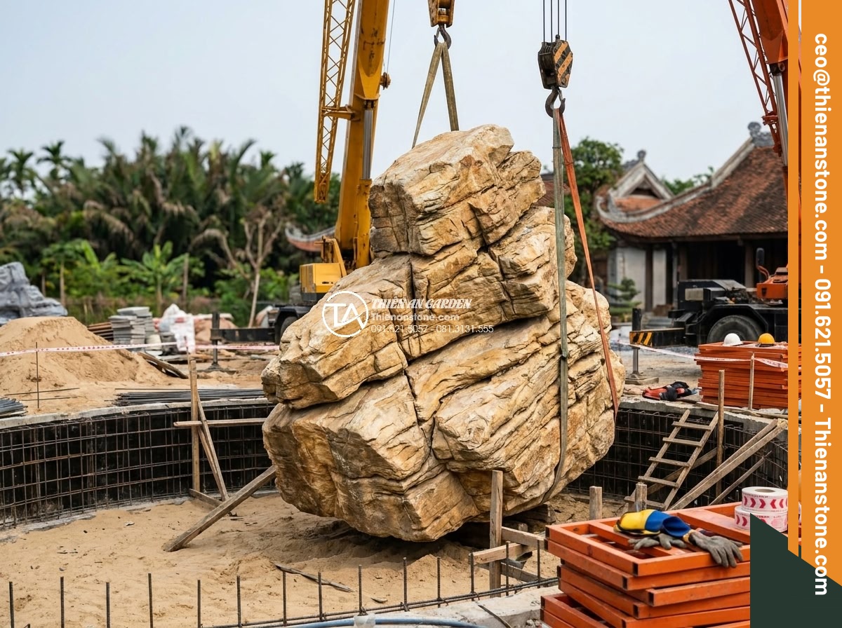 Tại sao giá đá cổ thạch làm hòn non bộ lại có sự chênh lệch lớn? - Professional team installing large ancient stone in custom hon non bo constructi